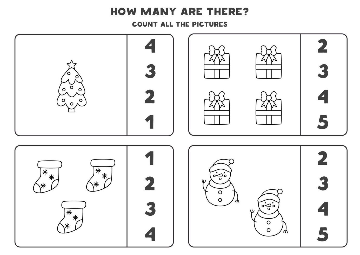 Counting game with Christmas elements. Educational worksheet. vector