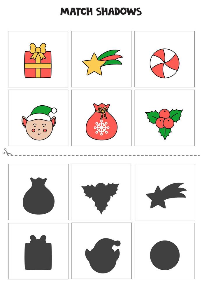 Find shadows of cute Christmas elements. Cards for kids. vector
