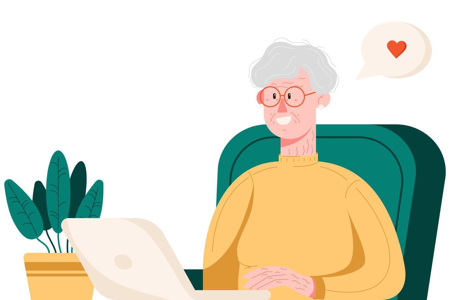 Happy grandma with laptop, female character in a flat style, video chat concept. vector