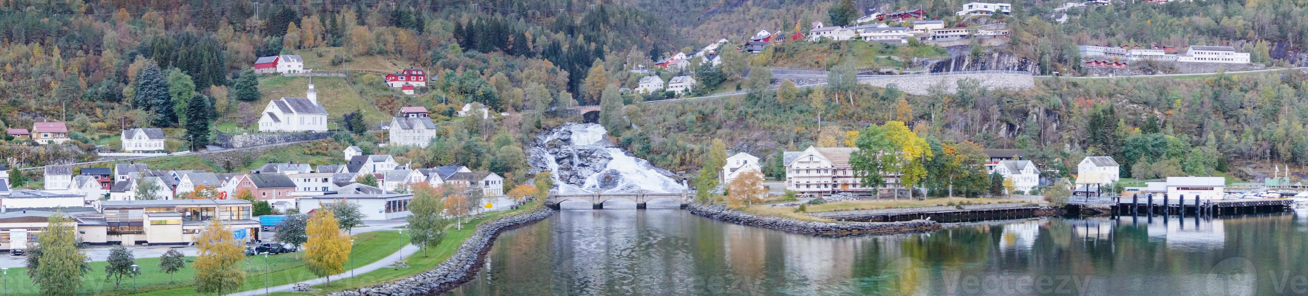 little town Hellesylt in Norway with the famous waterfall Hellesyltfossen photo