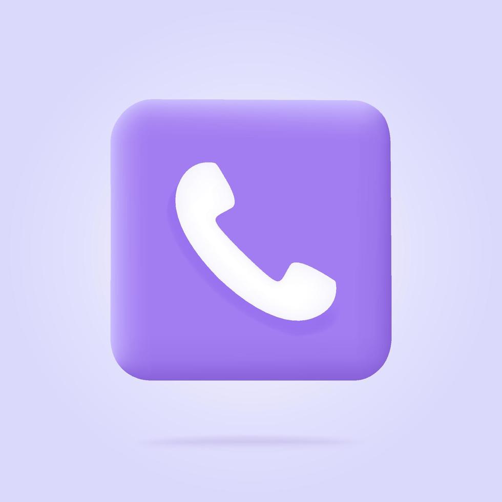 Phone call icon in trendy 3d style on blue square button. White telephone symbol. Vector illustration isolated on purple or violet background