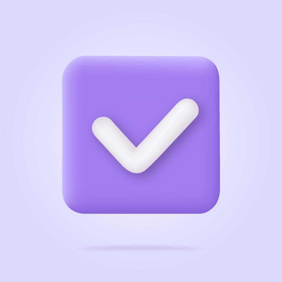 Check mark icon in trendy 3d style on blue square button. White checkmark symbol. Vector illustration isolated on purple or violet background