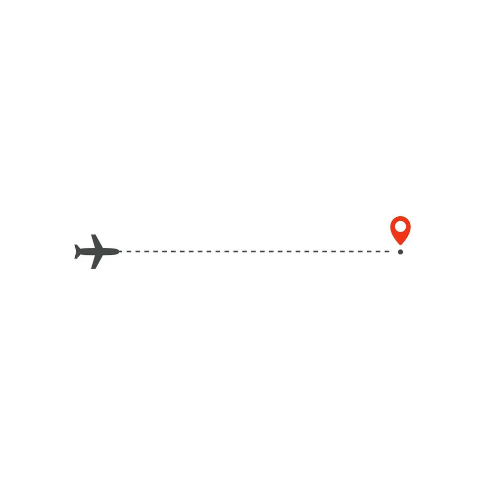 Plane way icon, airplane straight ahead path direction and destination red point, logo design template, holiday trip vector illustration template on white background.