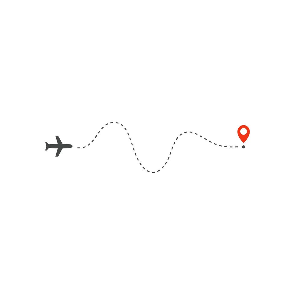 Plane way icon, airplane waving path direction and destination red point, logo design template, holiday trip vector illustration template on white background.
