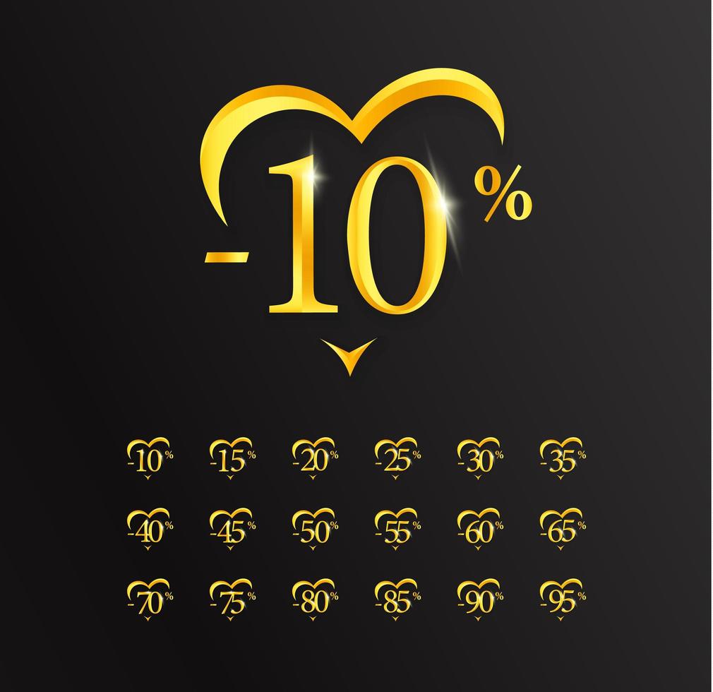 Value discounts, 10 percent sale, gold numbers and heart, label or sign. Design for Promotions, discounts, exclusive offers and sales on Valentine Day vector