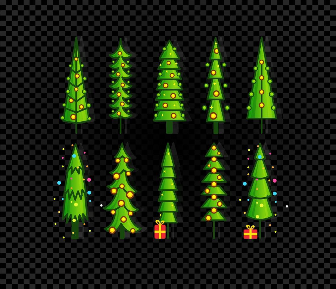 Set of Christmas tree, New Year decoration, seasonal holidays symbol collection. Flat icons of decorated tree on black background, isolated vector illustration.