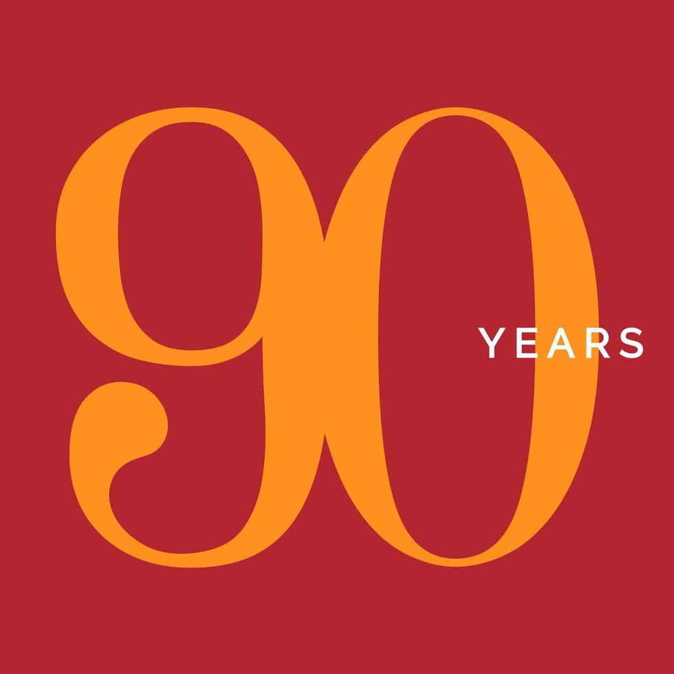Ninety years symbol. Ninetieth birthday emblem. Anniversary sign, number 90 logo concept, vintage poster template, vector illustration