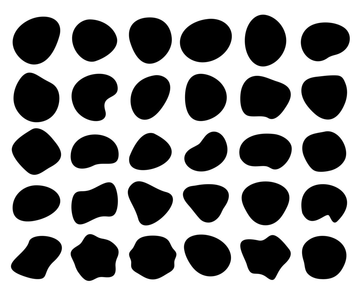Bloobs conjunto de forma negra, manchas abstractas aleatorias, silueta de burbuja negra, colección de forma líquida irregular, fluido ondulado de tinta, lugar de arte para el fondo, bocadillo de diálogo cómico, ilustración vectorial vector