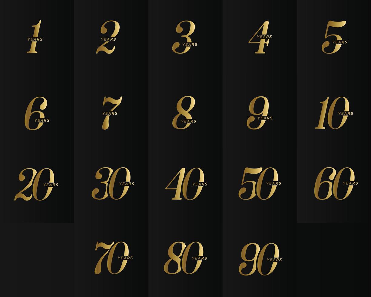 Anniversary company logo collection. Elegant gold numbers, wedding anniversary, memorial date symbol set, golden years collection. Birthday symbol, age jubilee, congratulating badge, greeting emblem vector