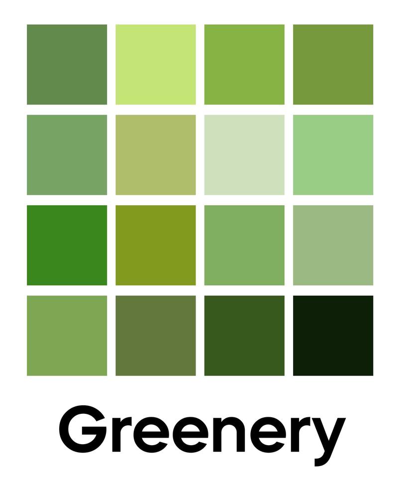 Palette of Greenery tones. Green color template. Shades of fresh, leaves, verdure, vegetable color. Vector colored pattern for textiles and interior design, fashion and beauty industry