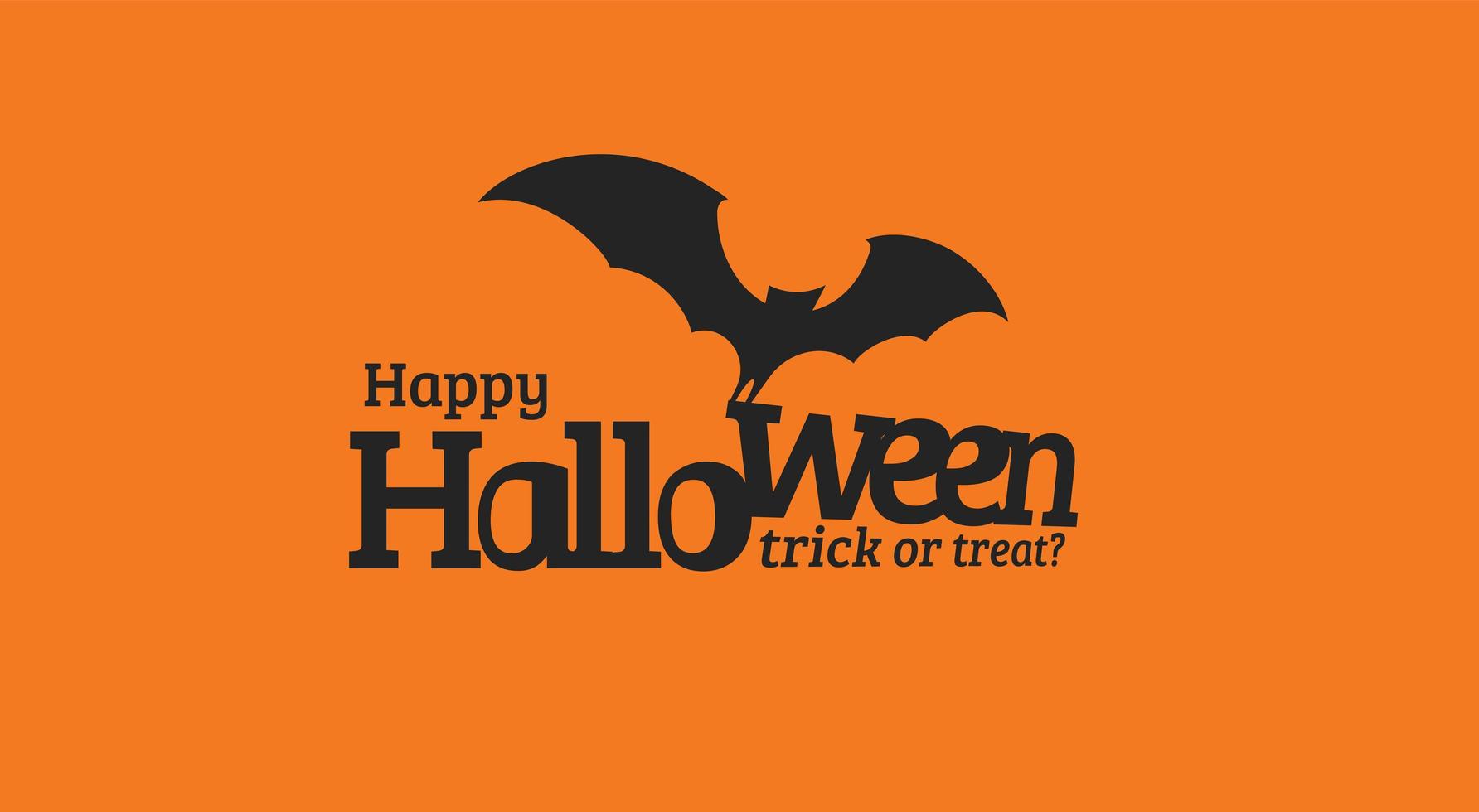 Happy Halloween text with black silhouette of flying bat. Trick or treat text. Isolated Design for halloween event, promo, logo, banner, monogram and poster. Vector illustration.