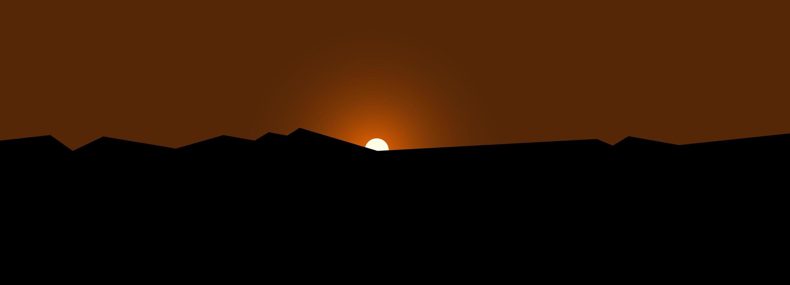 Mountains sunset wallpaper, sun behind horizon vector picture. Twilight natural landscape, wide horizontal BG, desert sunrise. Muffled color background vector illustration