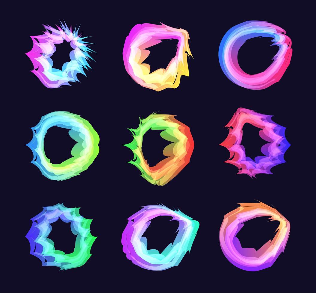 Abstract round deformed wheel icon set, fluid surreal molten paint color shape logo, colorful circle vector creative print for sound equalizer graphic, music cover design, creative art studio logos