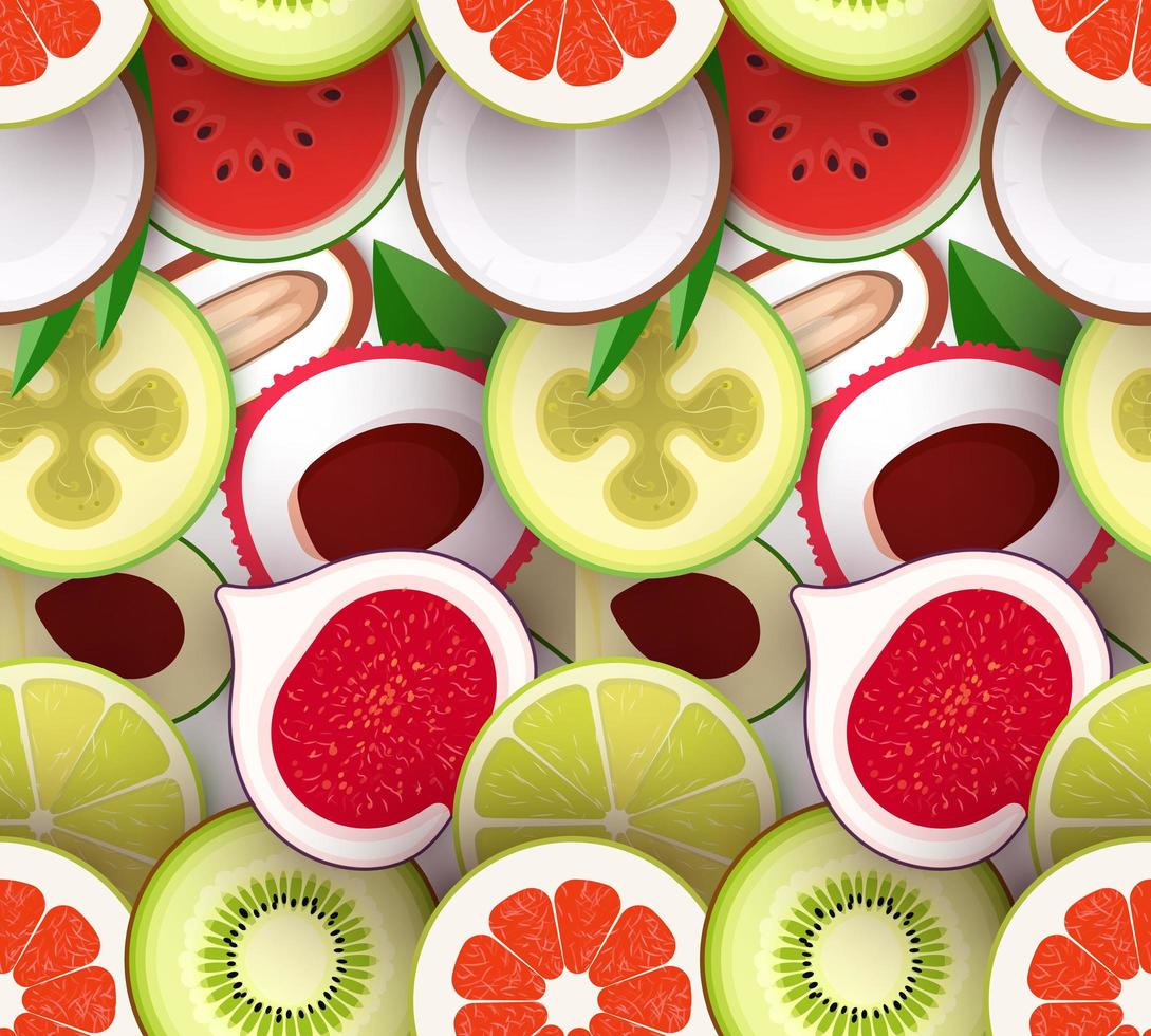 Fruit seamless texture. Pattern with pieces of fruit. Texture for packaging and background. Bright repeatable backdrop. Vector illustration