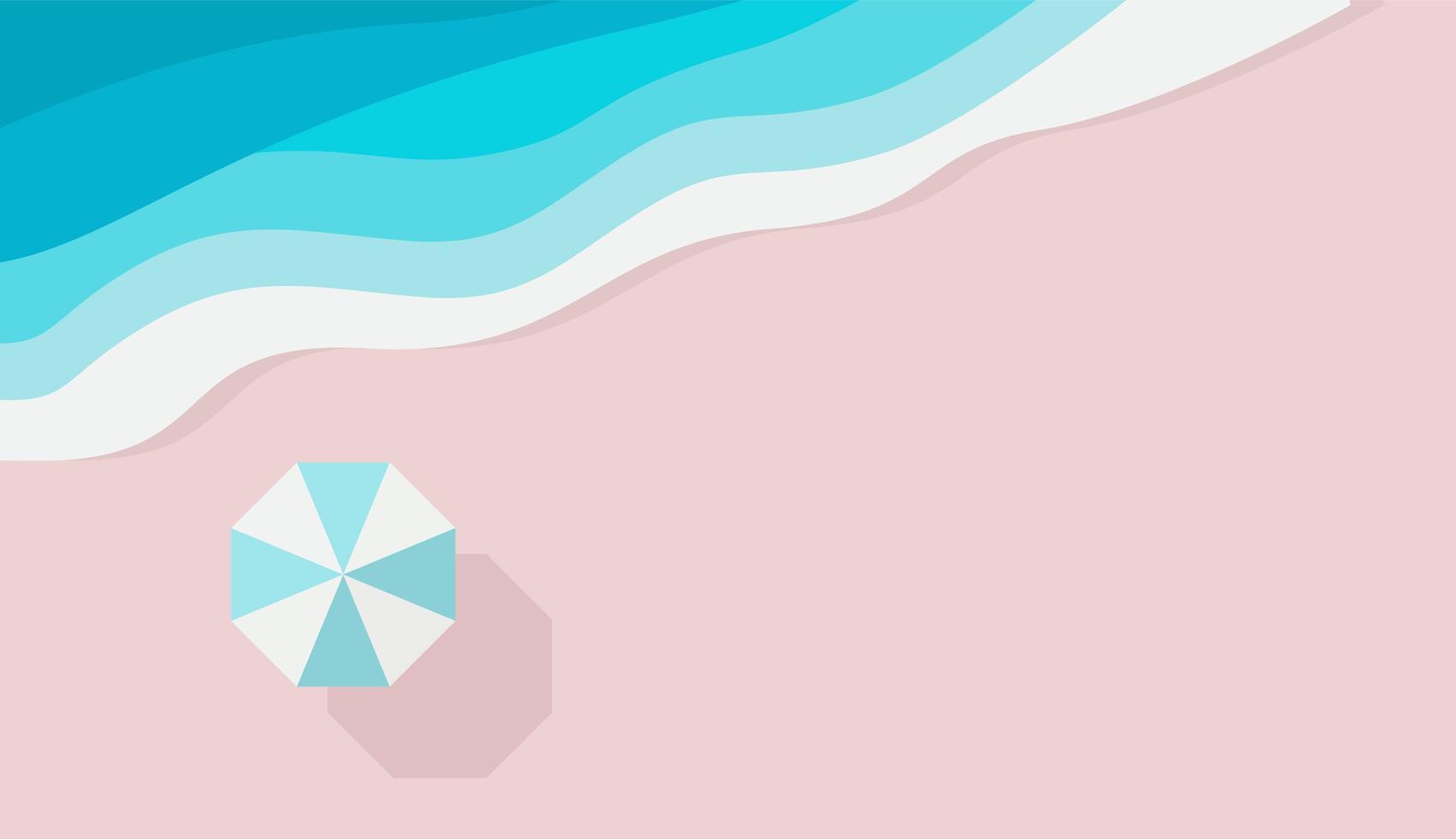 Azure sandy beach, piece of sea or ocean and beach umbrella, top view. Summer holiday background design template for web graphic, banner, flyer, card, brochure, leaflet. Vector flat illustration.