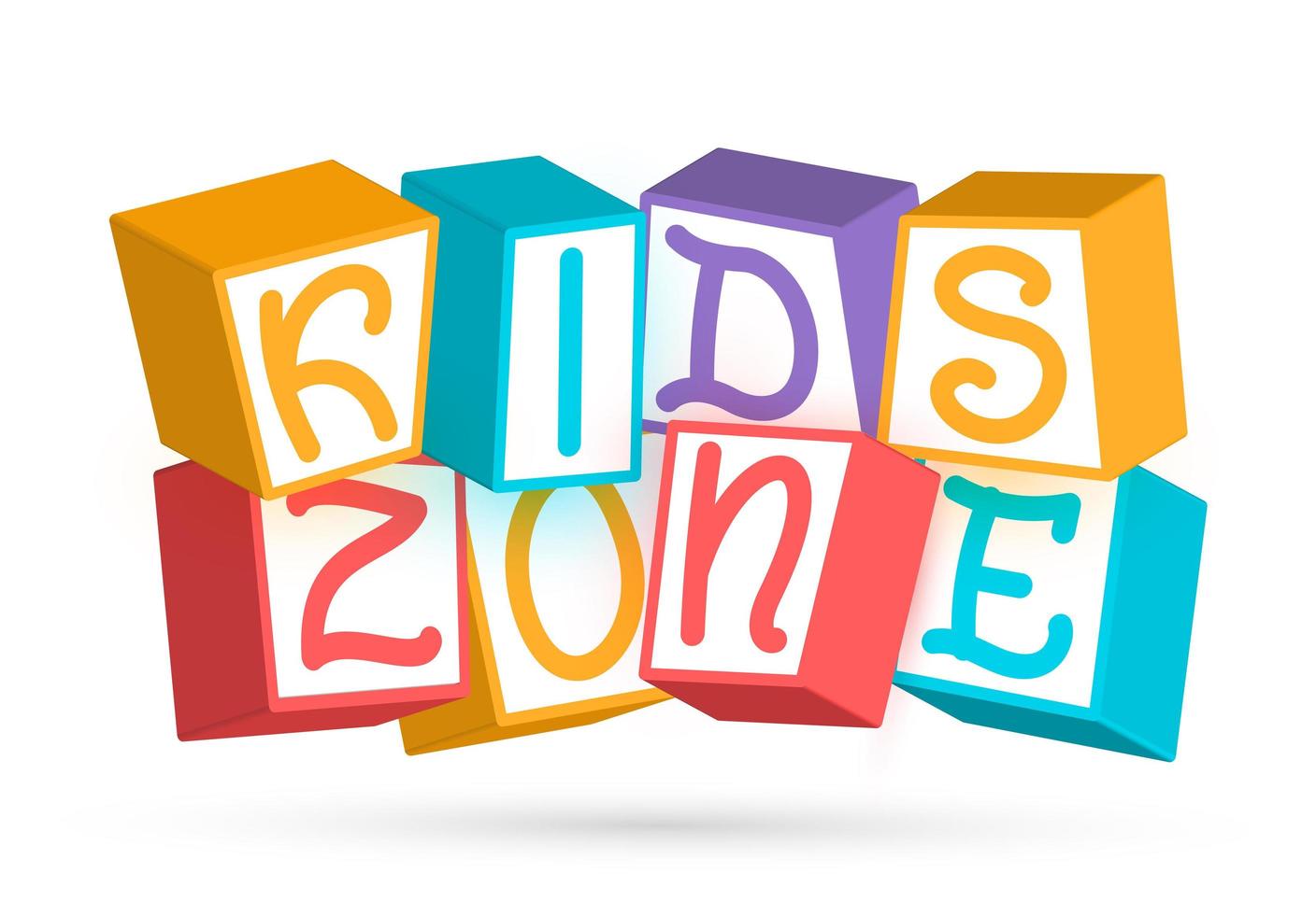 Funny 3D baby colorful cubes with letters Kids Zone. Playroom for children logo template. Play area in entertainment center, vector illustration on white background.