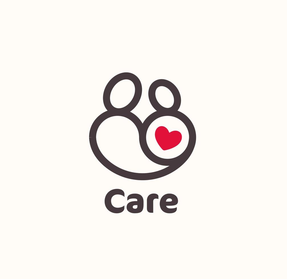 Mother and baby with red heart logo concept in modern lineart style. Simple symbol for child and mother care house, hospital and clinic. Vecor emblem. vector