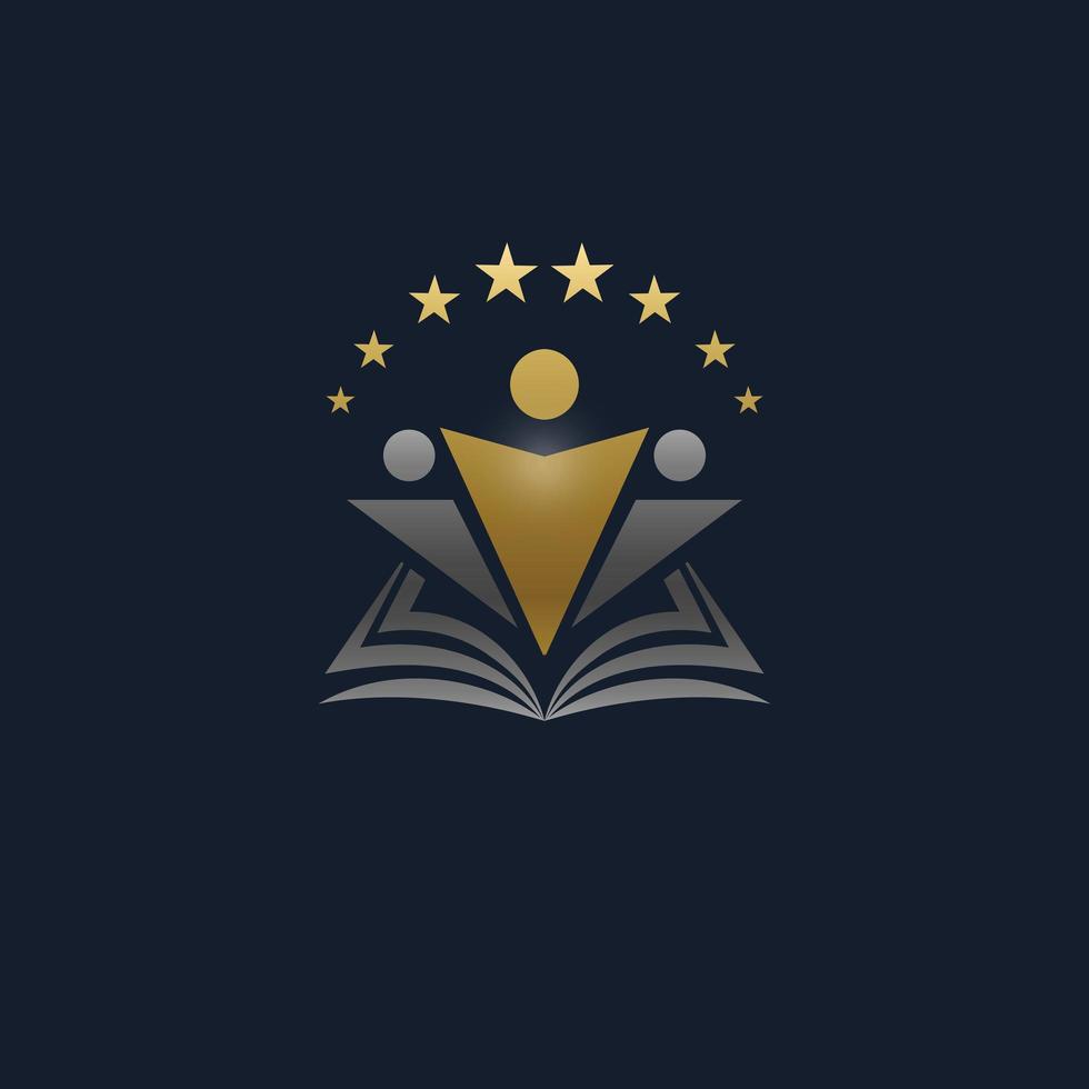 Human silhouette with book and stars, vector logo template. Graduation of university and school, graphic icon. Symbol of knowledge, education, study, learning, coaching. Winner and champion sign