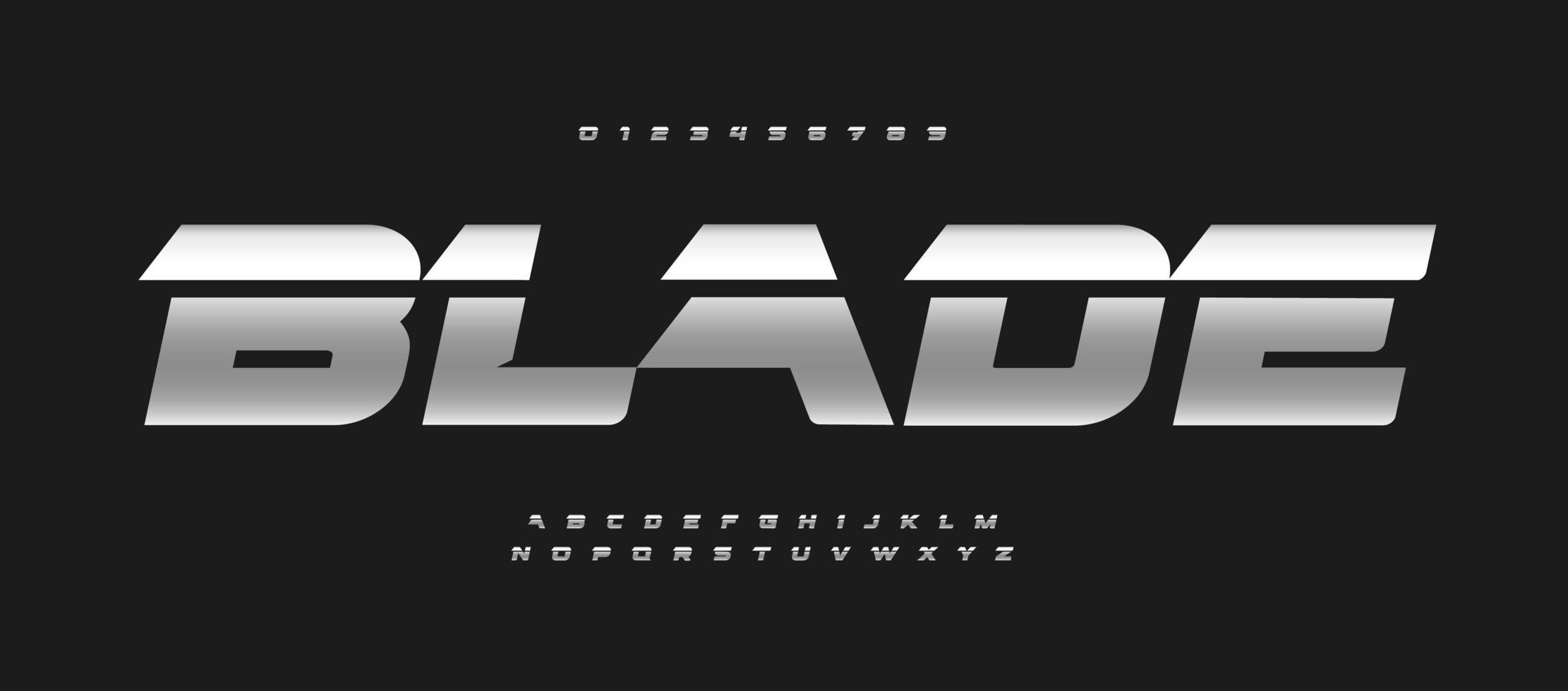 Blade alphabet bold italic font letters. Auto logo typography, iron metallic vector typographic. Drive letter set for game logo, speed headline, race title, fit and run lettering. Steel type