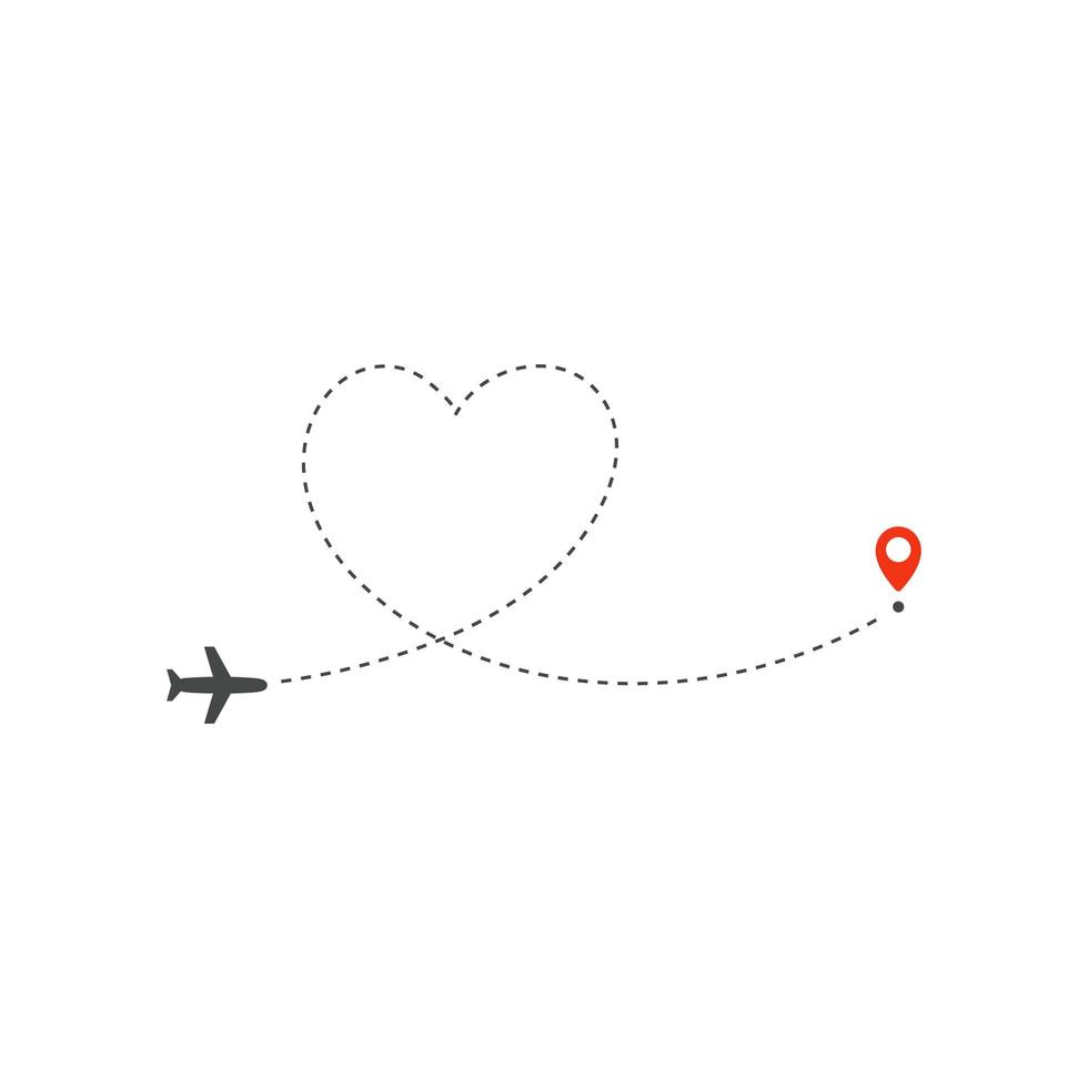 icono de forma de avión, dirección de ruta de avión y punto rojo de destino, plantilla de diseño de logotipo, plantilla de ilustración de vector de viaje de vacaciones sobre fondo blanco.