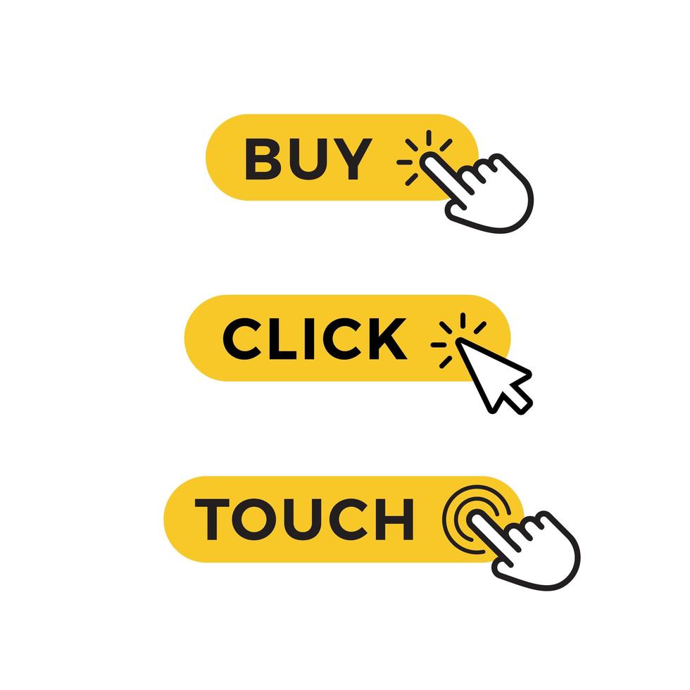 Set of yellow buttons for purchase, selection or registration. Graphic element for web design. Vector icons.