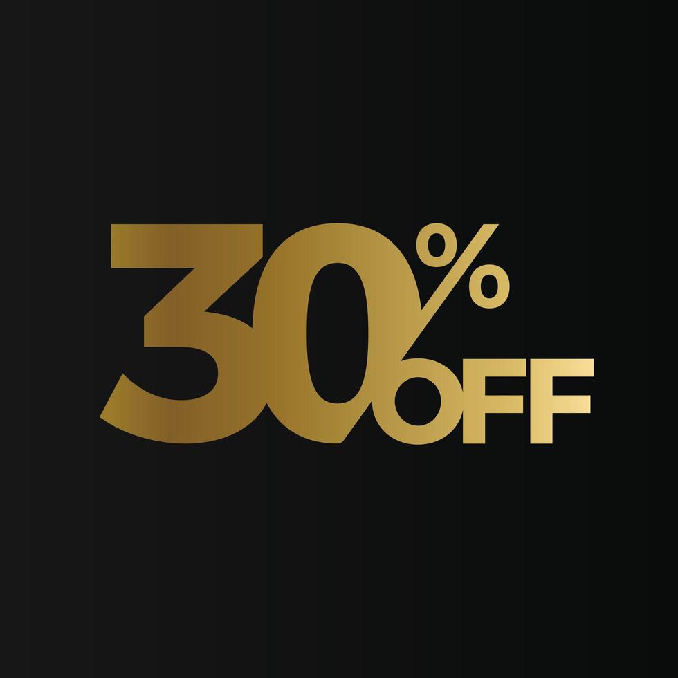 Golden 30 percent off flat cartoon style vector logo concept. 30 percent sale isolated icon on black background. Thirty percent discount for business. Vector illustration