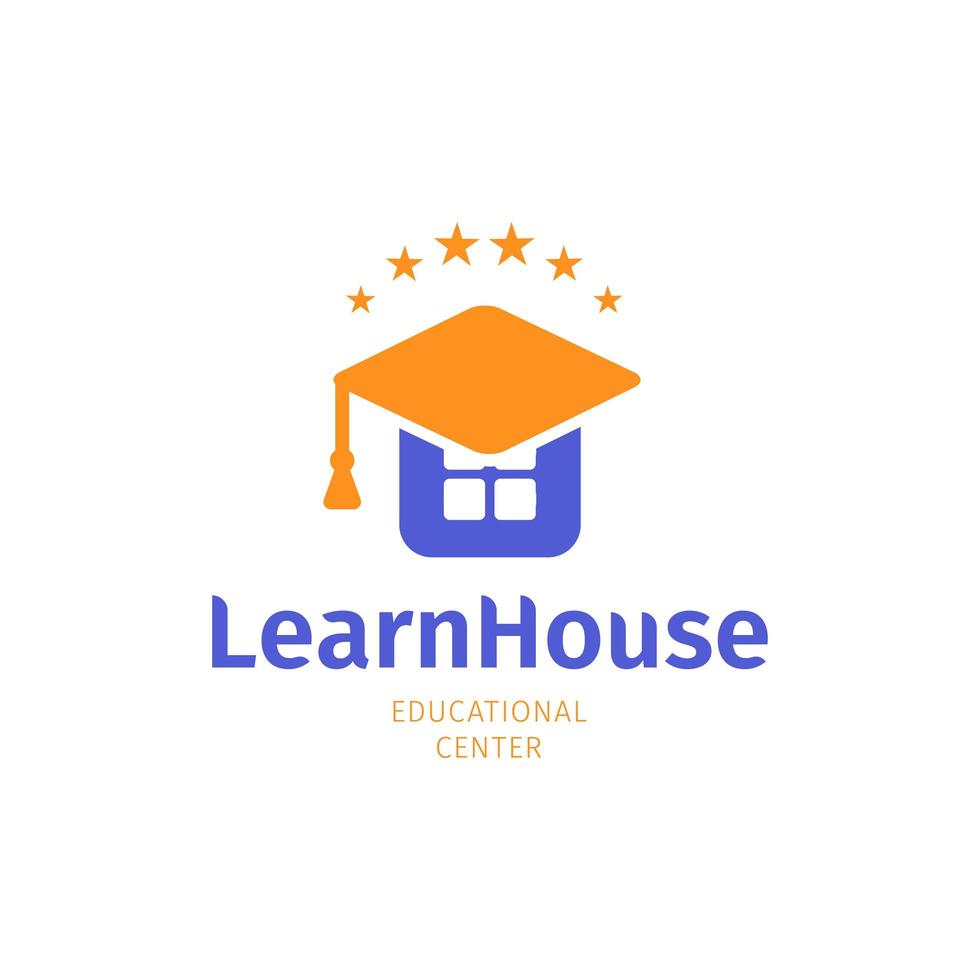 Knowledge house flat logo, university, college and school education symbol. Graduation cap on building, vector logotype