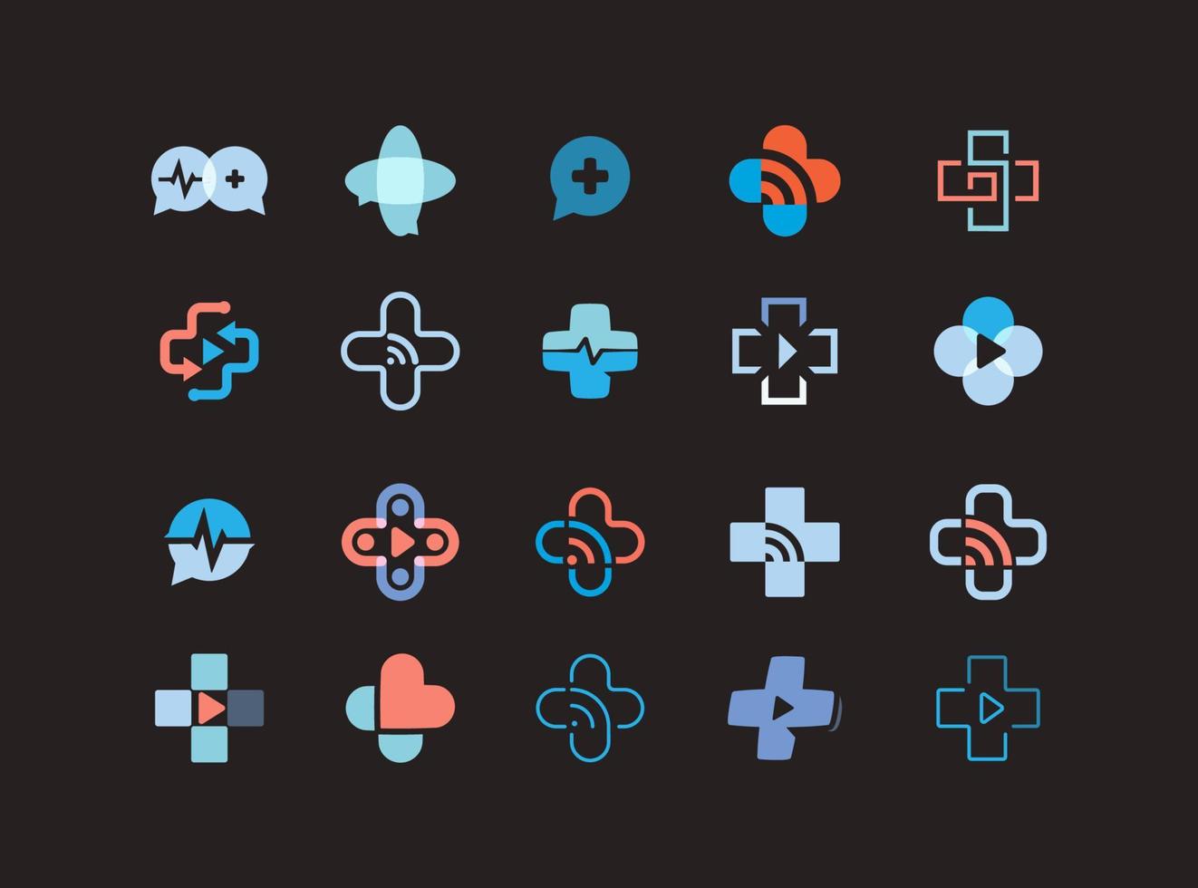 Cross logo set concept for healthcare live chat, clinic assistance, telemedicine, medical consult, online diagnosis, remote home medicine. Vector abstract flat logotype for medicine web service app.