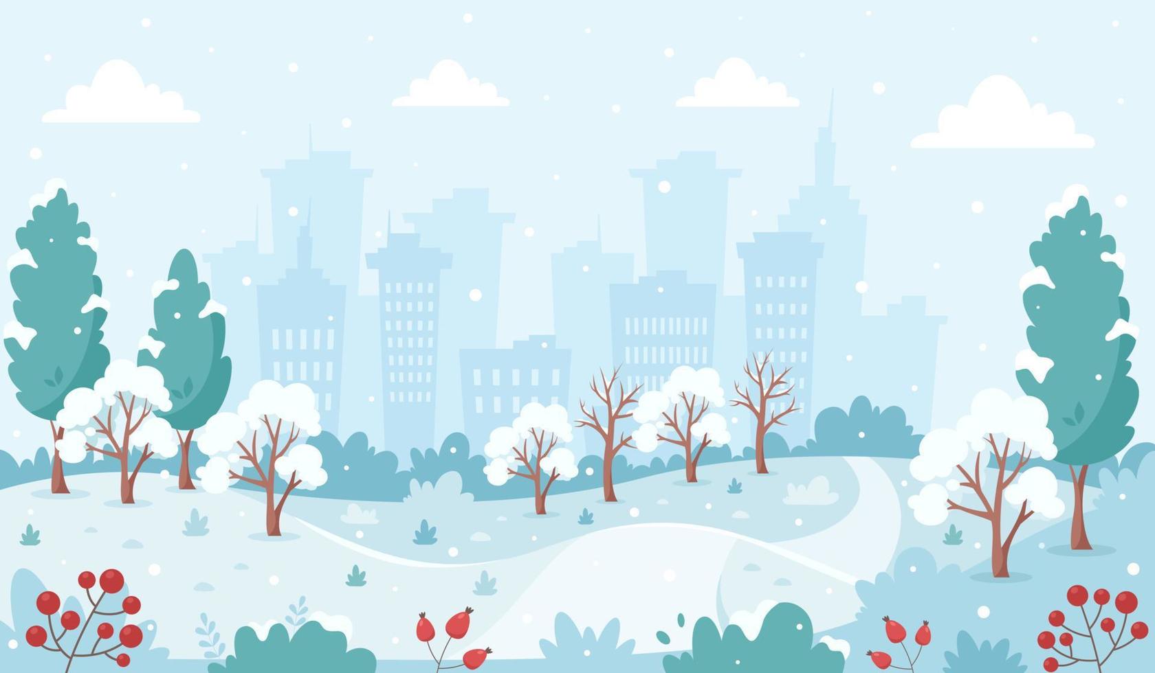 Parque de invierno cubierto de nieve en el fondo de la ciudad. paisaje de invierno. vector