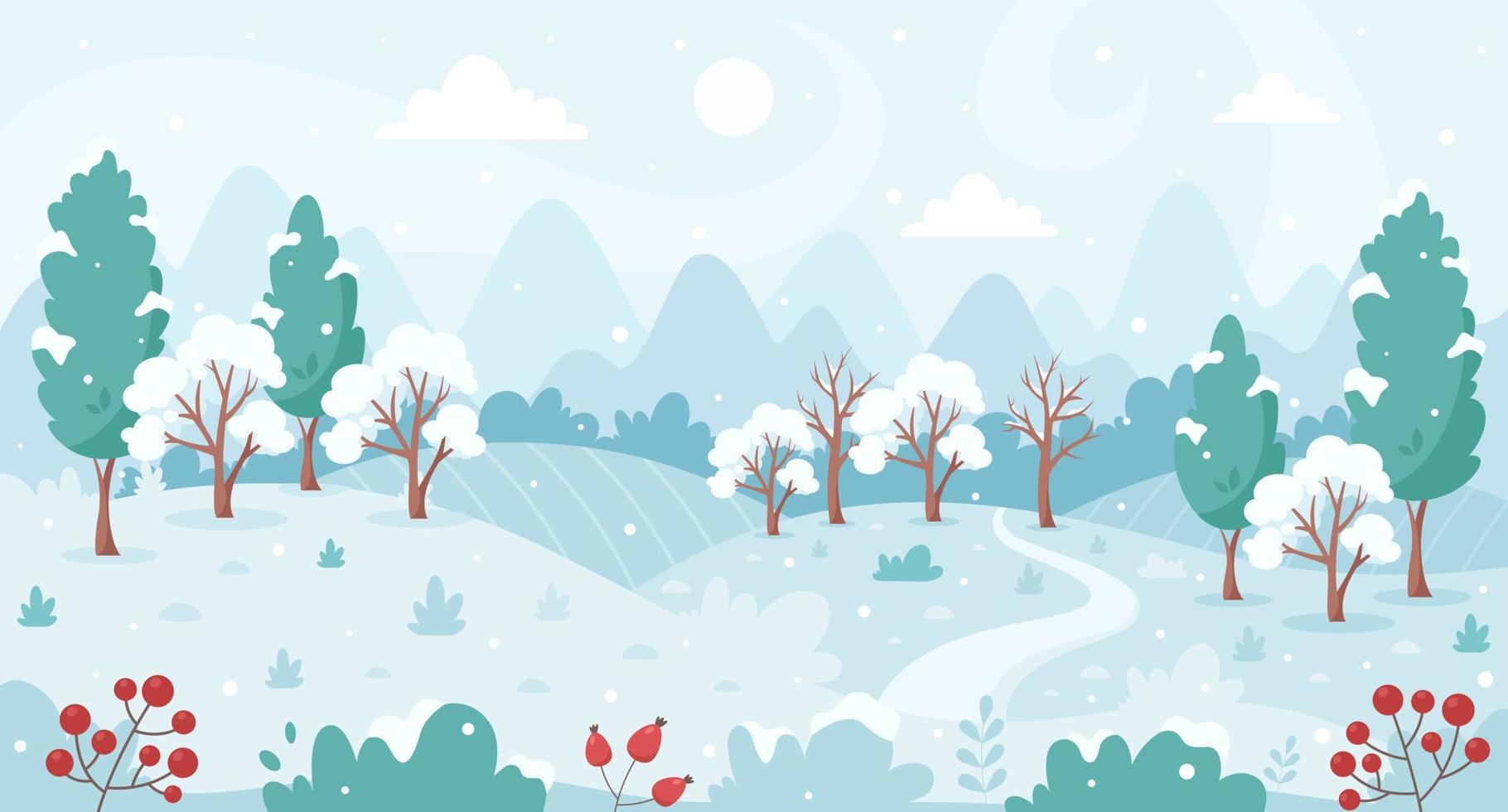 Snowy winter landscape with trees, mountains. Countryside landscape vector