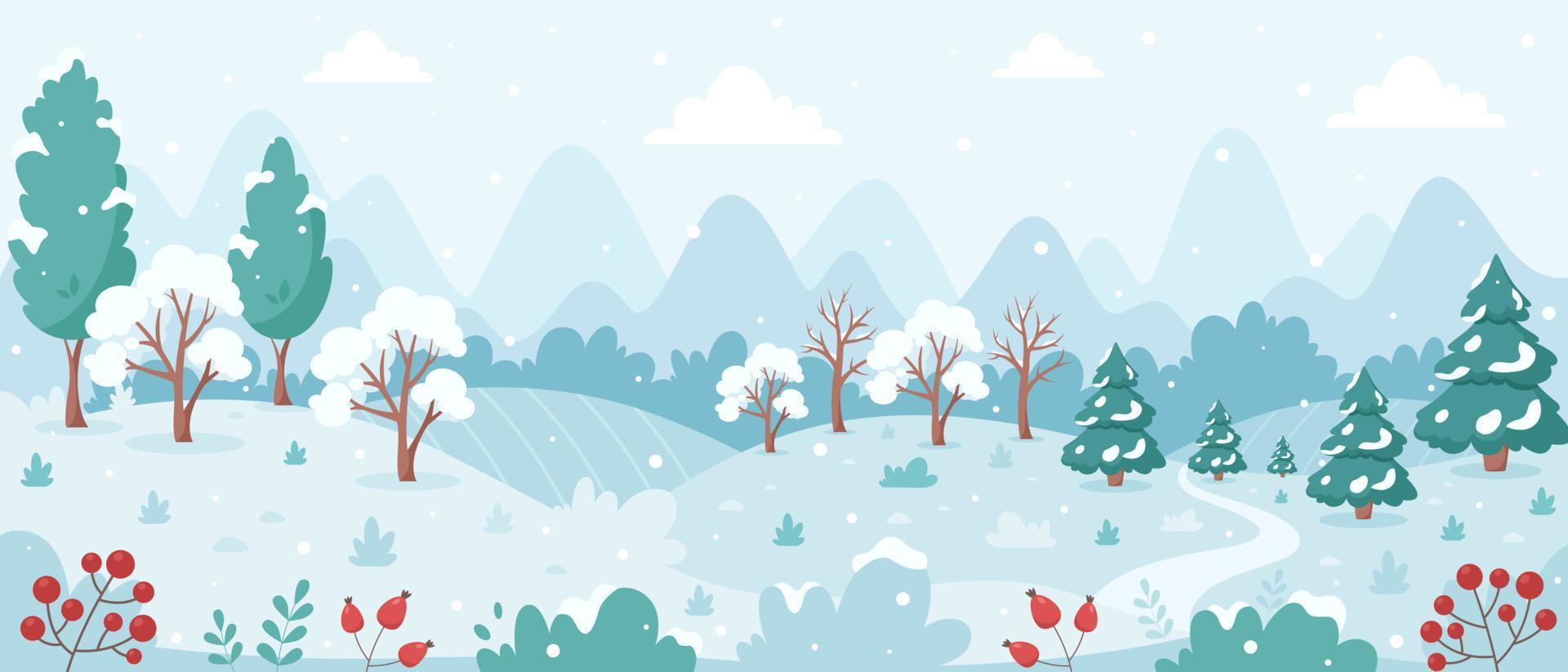 Snowy winter landscape with trees, mountains, fields. Countryside landscape vector