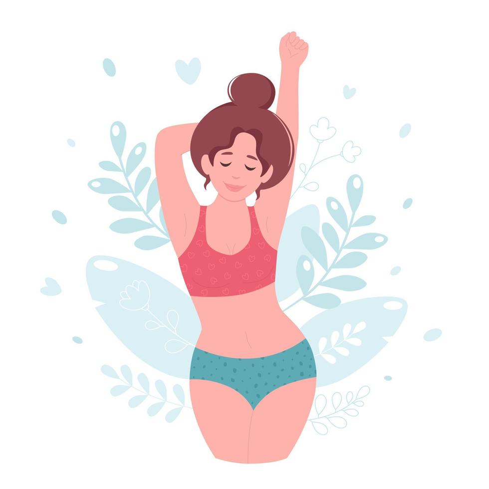 Woman in underwear. Body positive, self love, self care vector