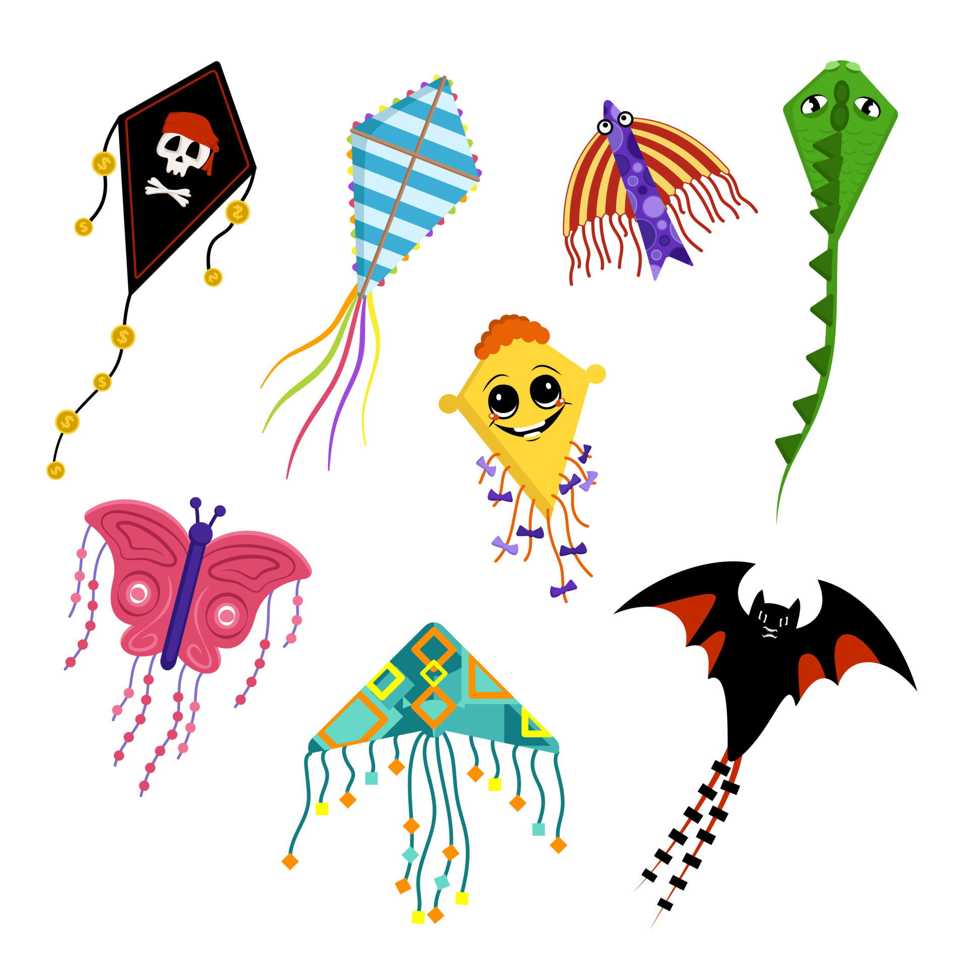 Set of bright and cheerful kites in form of pirate flag, dragon