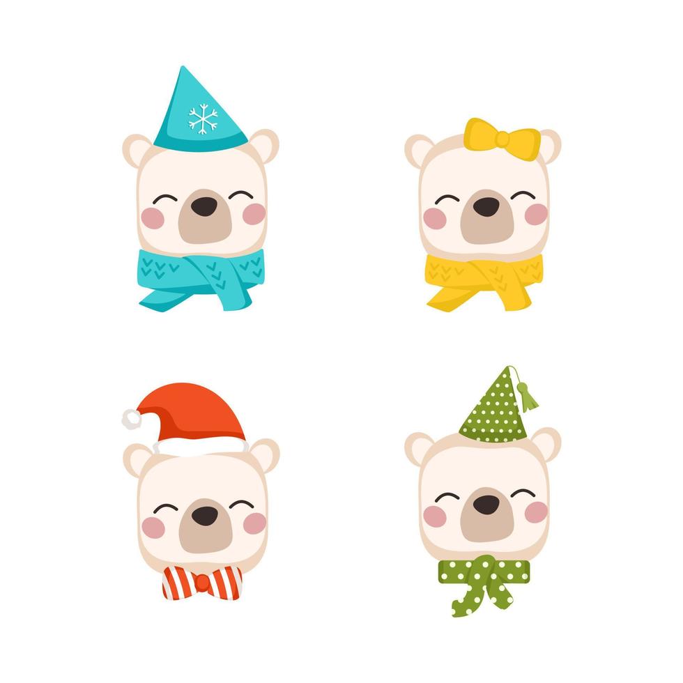 conjunto de lindo oso polar en estilo infantil con adornos navideños para año nuevo y navidad. animales divertidos festivos con gorras y lazos. vector ilustración plana