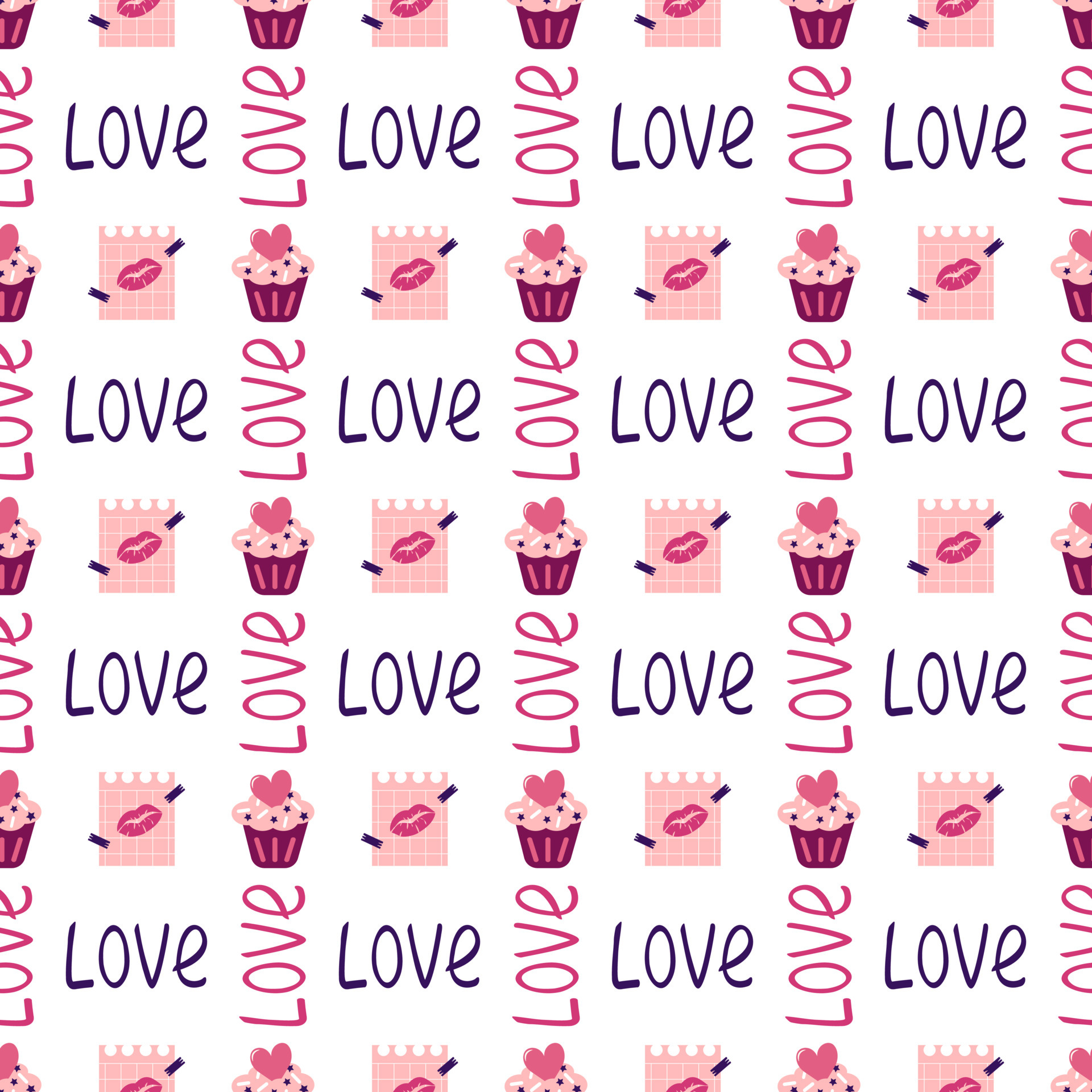 Valentine day seamless pattern with cake, hearts, word love and