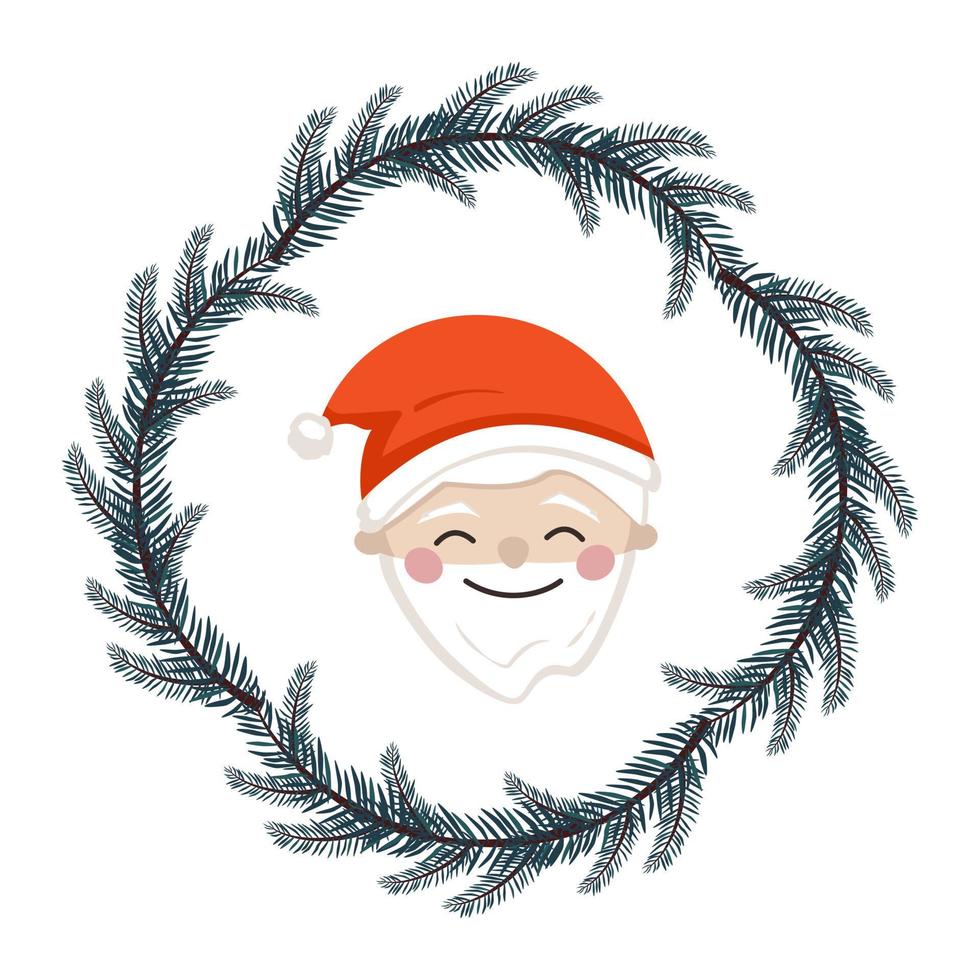 lindo santa claus en estilo infantil con decoraciones festivas para vacaciones, año nuevo y navidad. divertido anciano con cara feliz y corona de ramas de abeto. vector ilustración plana