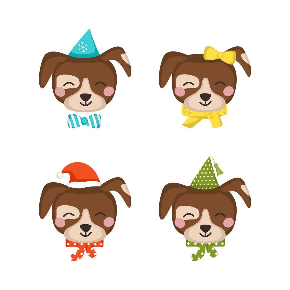 Set of cute dog or puppy in children style with festive decorations for holiday, New Year and Christmas. Funny animals or pet with caps and bows. Vector flat illustration