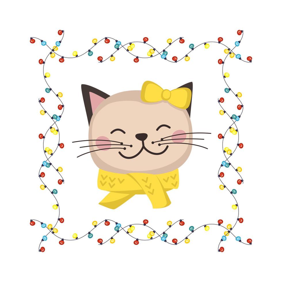 Cute cat with bow and scarf in childish style with frame made of festive garlands with lights. Funny pet with happy face. Vector flat illustration for holiday