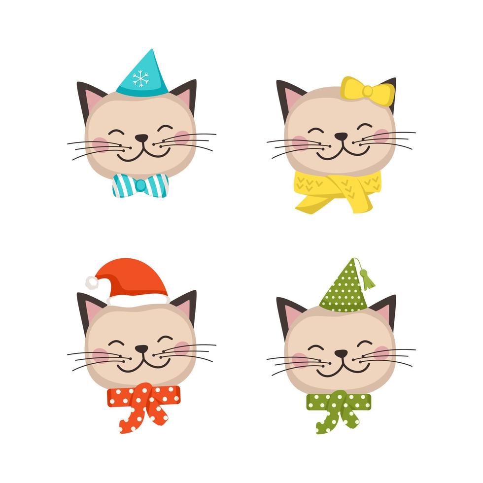 Set of cute cat in children style with festive decorations for Holiday, New Year and Christmas. Funny animals with caps and bows. Vector flat illustration