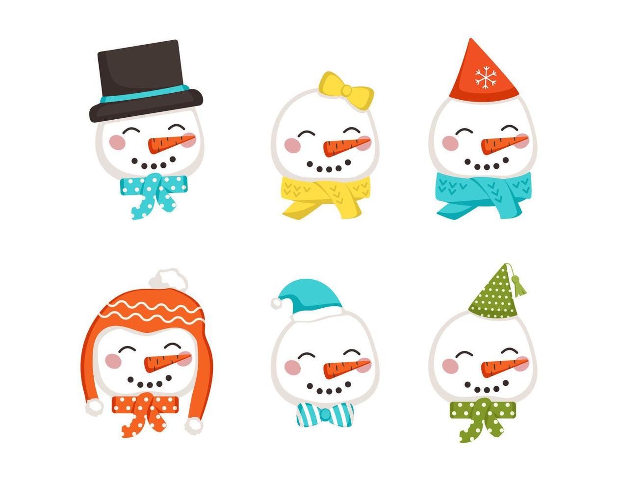 Set of cute snowman in children style with festive decorations for Holiday, New Year and Christmas. Funny character with caps and bows. Vector flat illustration