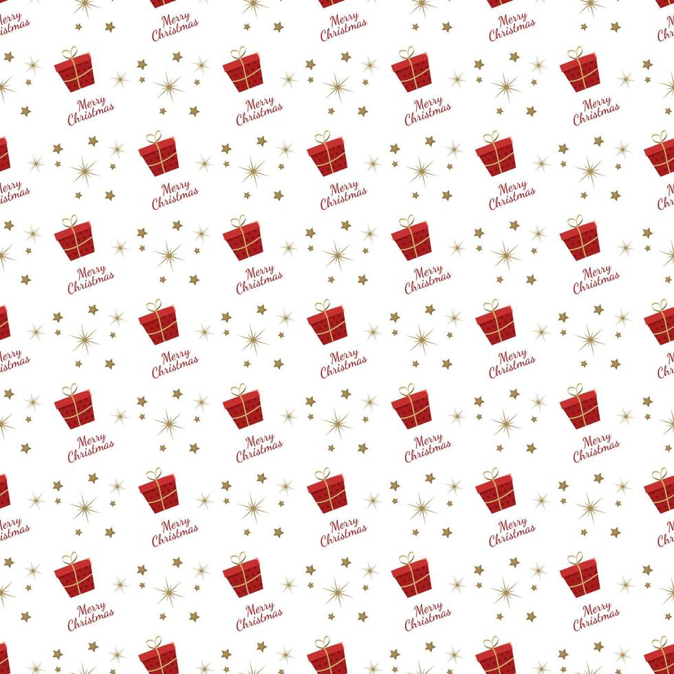 Seamless pattern with red festive Christmas gift box, text and stars on white background. Bright print for New Year and winter holidays for wrapping paper, textile and design vector