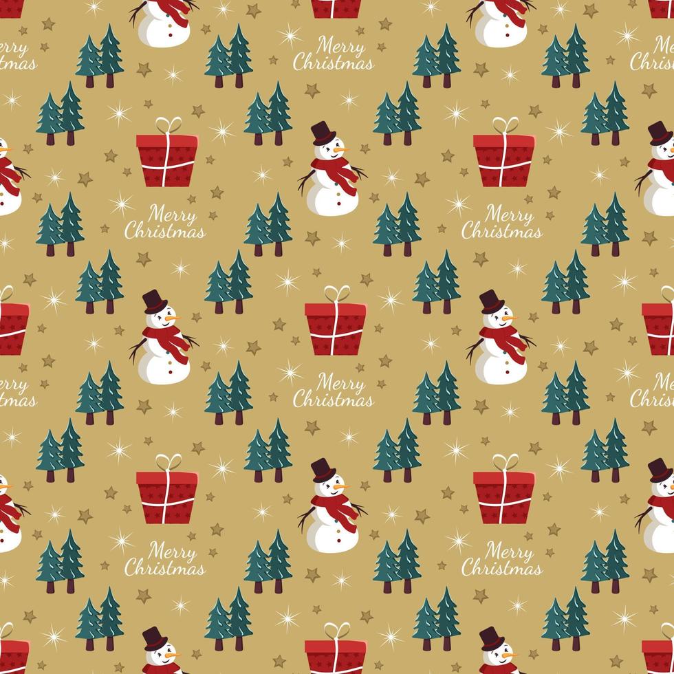 Seamless pattern with festive Christmas gift box, snowman, trees in snow and stars on gold background. Bright print for New Year and winter holidays for wrapping paper, textile and design vector