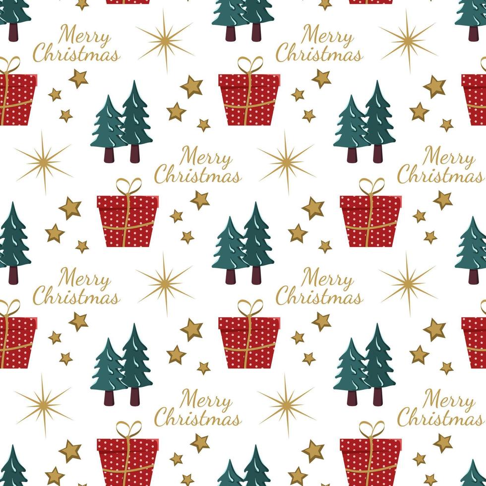 Seamless pattern with festive Christmas gift, trees in snow, stars and snowflakes on white background. Bright print for New Year and winter holidays for wrapping paper, textile and design vector