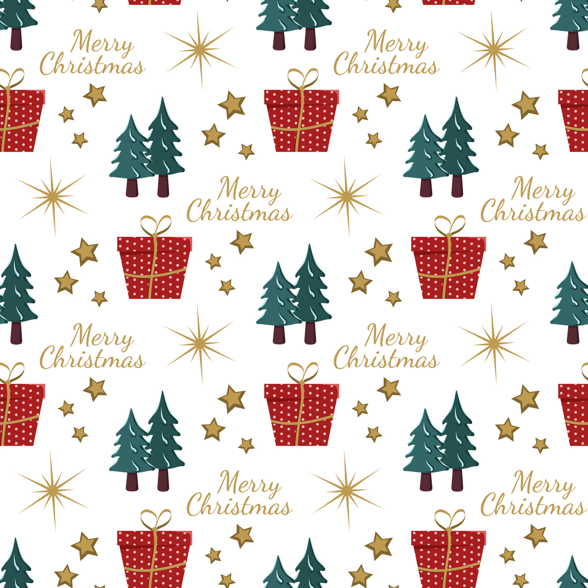 Seamless pattern with festive Christmas gift, trees in snow, stars and