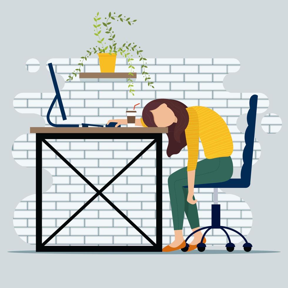 Burnout concept illustration with exhausted female office worker sitting at the table. Frustrated worker, mental health problems. Cute vector illustration in flat style