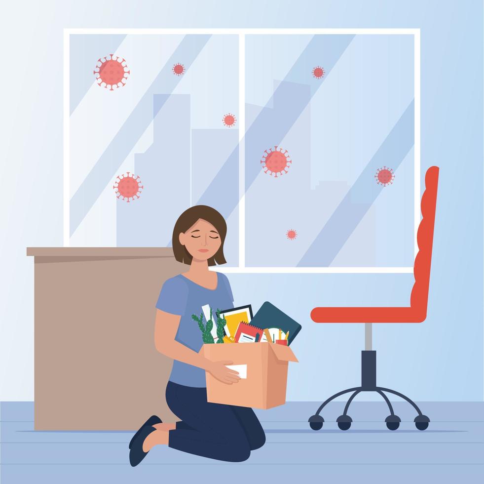 Fired and dismissed woman from job. Dismissal due to the global crisis and pandemic of coronavirus COVID-19. Woman with a box of things fired from work. Vector illustration in flat style