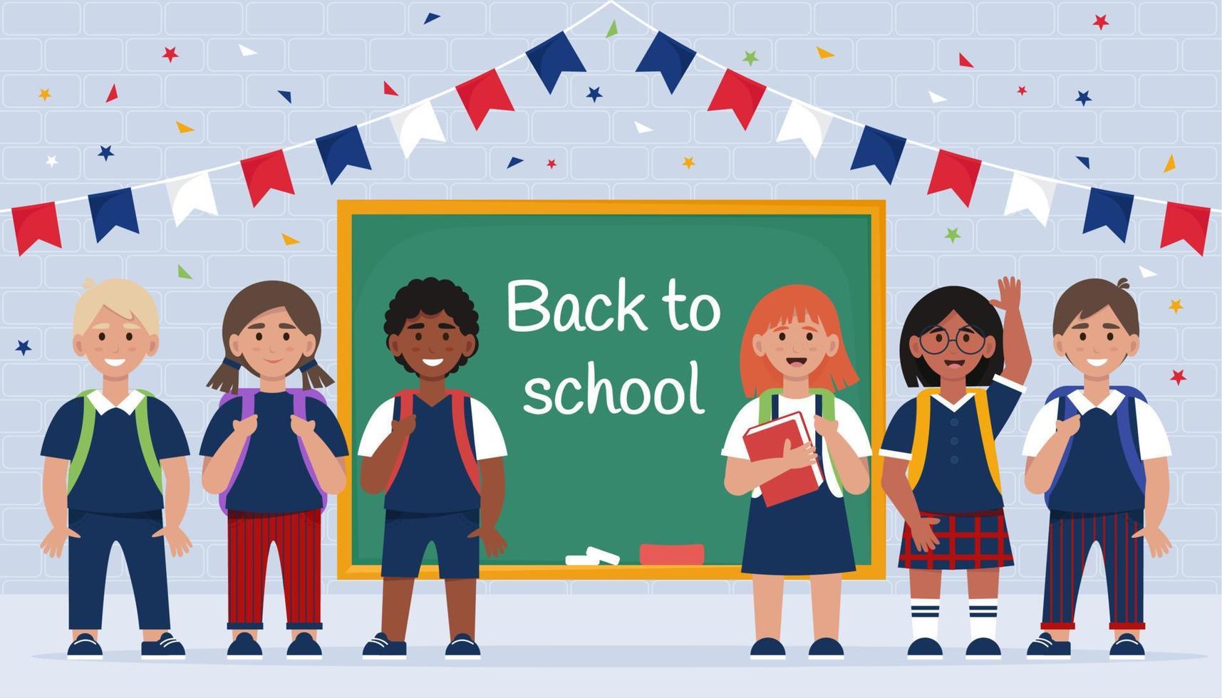 Different Children in uniforms near chalkboard, back to school concept. Vector illustration in flat style