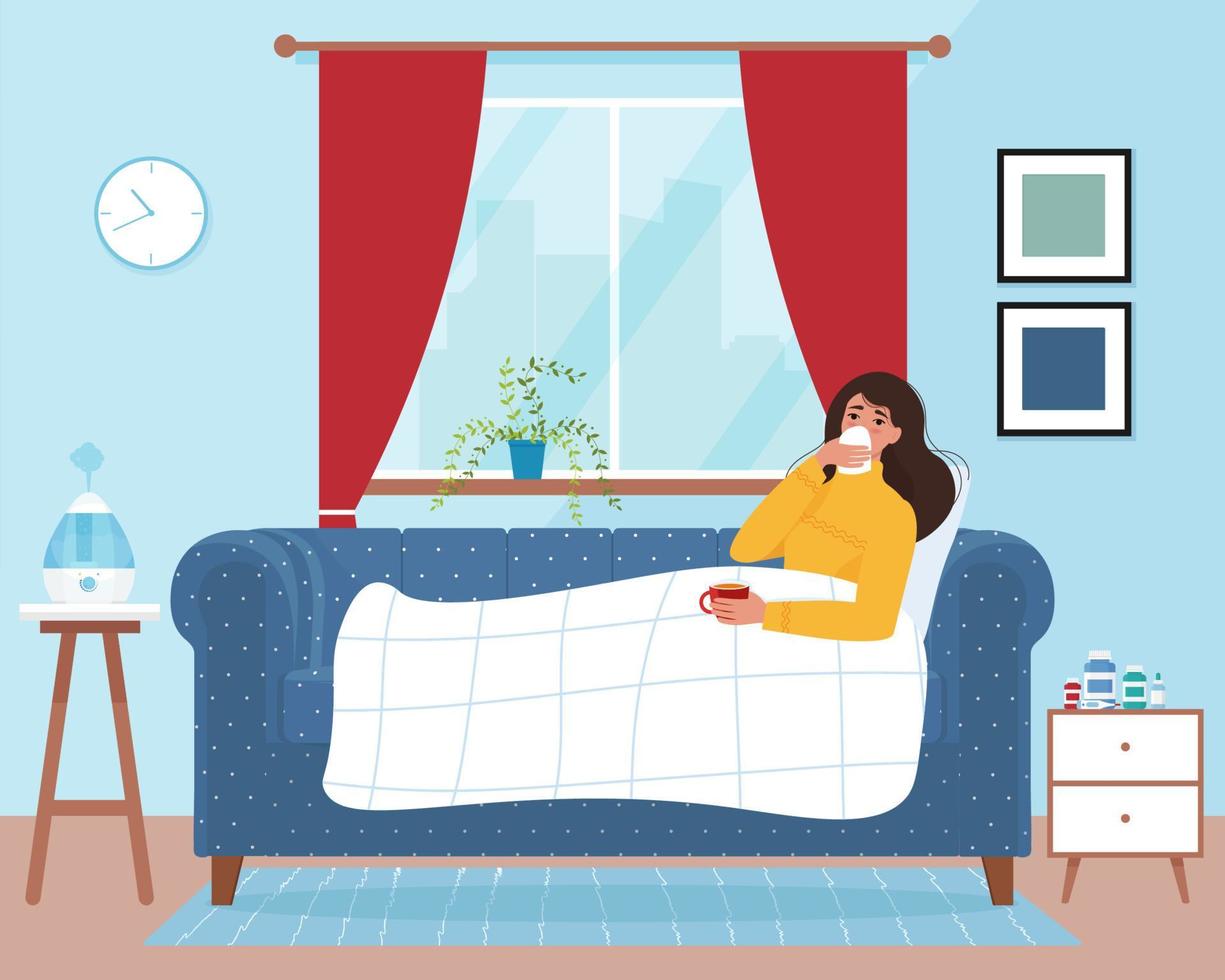 Illness woman lying on the couch under the blanket. Patient with a cold or viral infection at home. Vector illustration in flat style