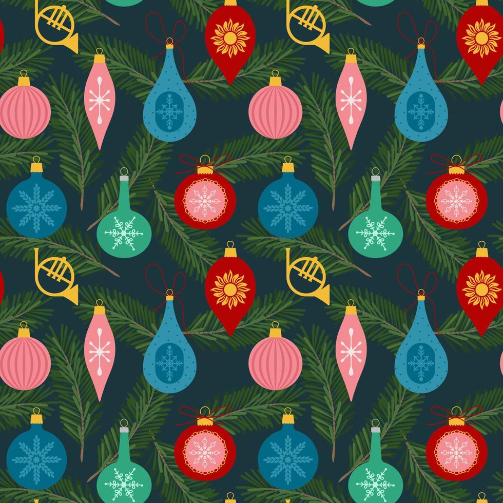 Christmas and Happy New Year seamless pattern with Christmas toys and fir tree branch. Trendy retro style. Flat Vector illustration