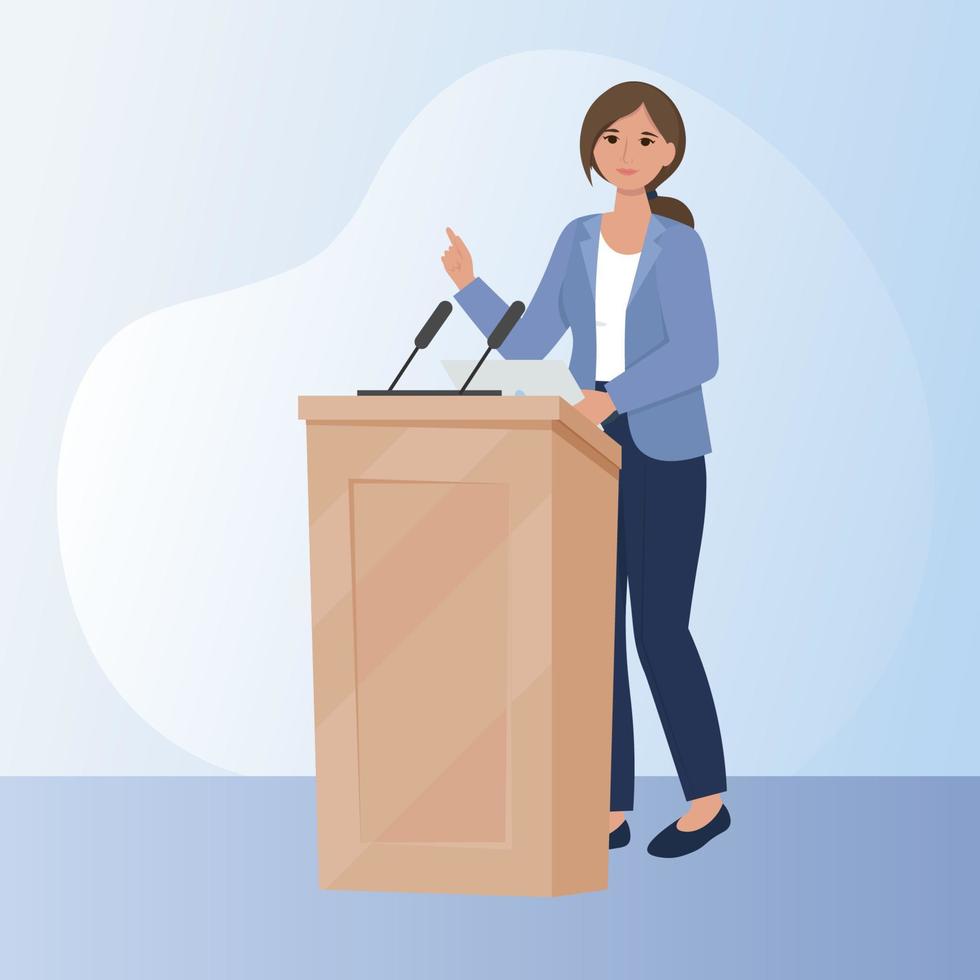 Business Woman stand near podium, speak into microphone vector